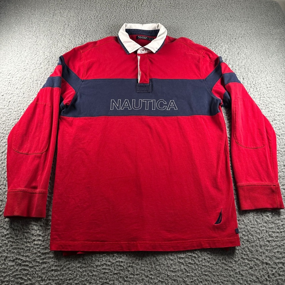 Vtg Nautica Rugby Shirt Mens XL Red Navy Block Embroidered‎ Cotton Elbow Patch